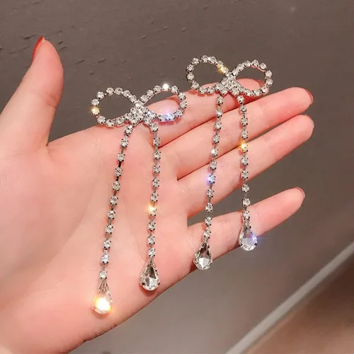 Miniatura 6 de Pendientes de plata 925 con lazo de cristal, aretes de diamantes de imitación hipoalergénicos para orejas sensibles