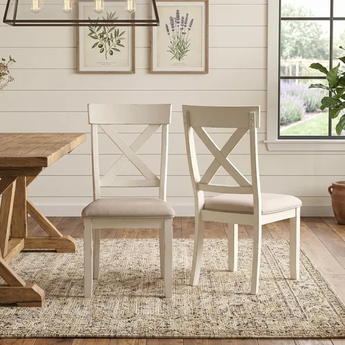 Roundhill Furniture Prato - Juego de 2 sillas de comedor tapizadas con respaldo cruzado de madera, color blanco antiguo y marrón