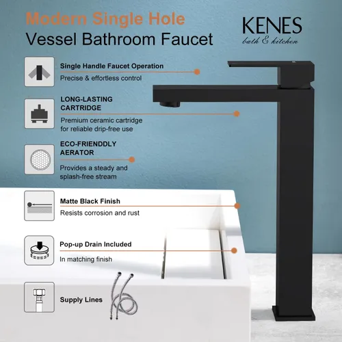 Miniatura 3 de KENES Grifo de Baño Negro Mate de Una Sola Manija Grifo Alto para Lavabo Tipo Vasija Grifo de Baño de Tocador Mezclador de Lavabo con Manguera