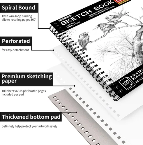 Miniatura 2 de FIXSMITH Cuaderno de bocetos de 9 x 12 pulgadas, 200 hojas (68 libras/3.53 oz/m²), paquete de 2 (100 hojas cada uno), papel de dibujo sin ácidos