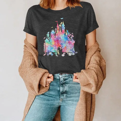 Miniatura 5 de Camiseta mágica para mujer, camiseta de reino mágico con estampado de castillo, camiseta familiar de manga corta, tops casuales de verano
