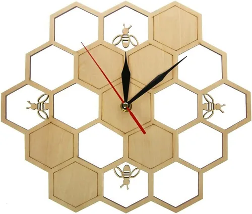 XDG Reloj de pared de madera natural con diseño de abejas y panal de abeja, arte de pared, diseño de abeja, miel, contemporáneo, para decoración del