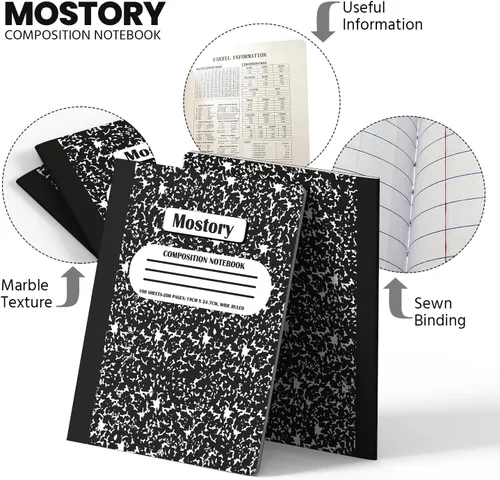 Miniatura 3 de MOSTORY Paquete de 5 cuadernos de composición – 200 páginas con rayas anchas (100 hojas), tamaño 7.5 x 9.75 pulgadas, suministros escolares a