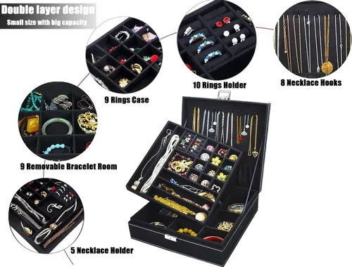 Miniatura 2 de QBeel - Cajas de joyería negras para mujeres hombres y niñas organizador de joyas de 2 capas con candado organizador grande de almacenamiento