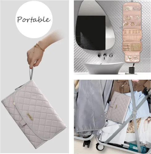 Miniatura 5 de Rollo organizador de joyas de viaje con bolsillos con cremallera, bolsa grande para colgar joyas para anillos, aretes, collares, pulseras, broches