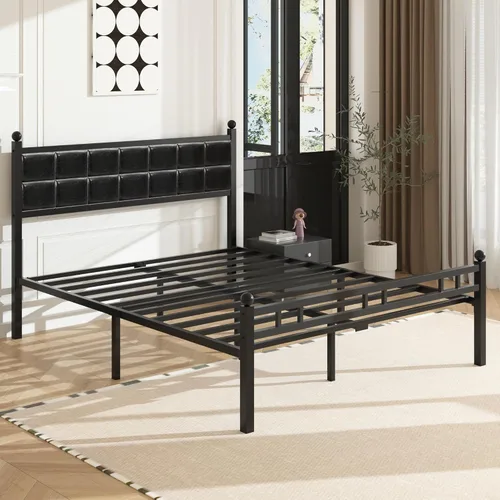 Miniatura 8 de VECELO Base de cama matrimonial, cama tapizada con cabecera de piel sintética, soporte de listones de metal fuerte, sin ruido, no necesita somier