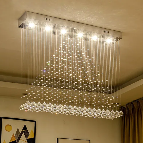 Miniatura 13 de Araña moderna de onda, araña rectangular de cristal con gotas de lluvia, montaje empotrado, lámpara colgante de techo cromada, ideal para comedor