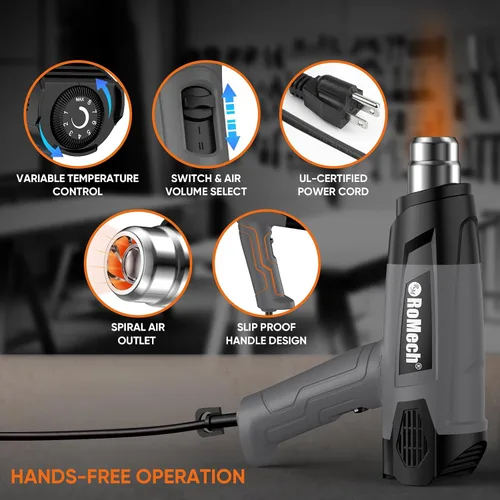 Miniatura 4 de ROMECH Pistola de calor resistente de 1500 W, kit de pistola de aire caliente con control de temperatura variable con 2 caudales de aire de 120 °F a