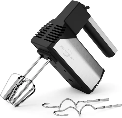 Batidora de mano eléctrica de mano, mezclador eléctrico de 5 velocidades de 200 W con 4 accesorios de acero inoxidable, batidora de mano portátil,