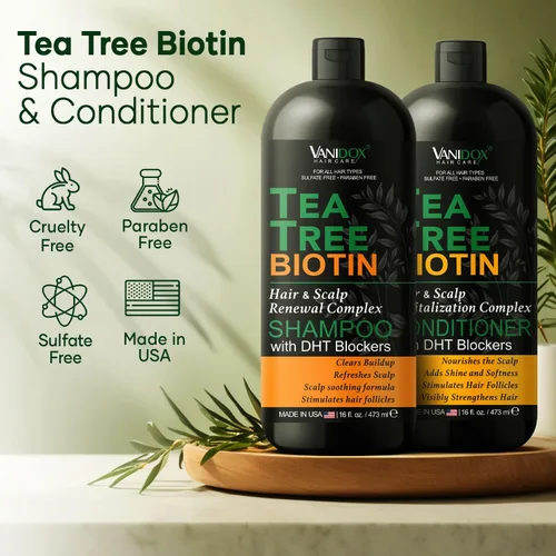 Miniatura 2 de Juego de champú y acondicionador de aceite de árbol de té con biotina, bloqueadores de DHT, alivio de la picazón del cuero cabelludo, apoya