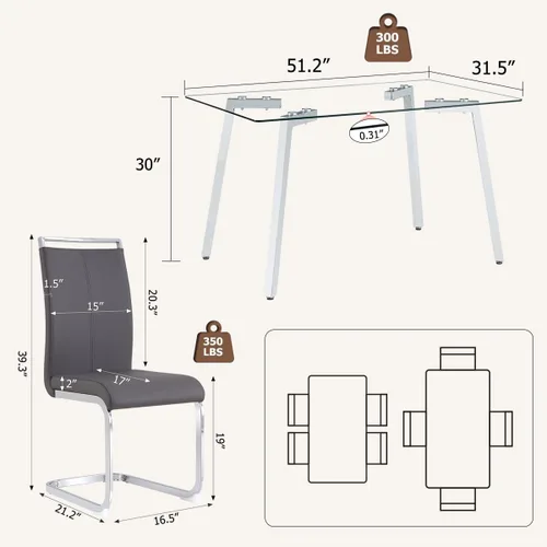 Miniatura 3 de Juego de mesa de comedor de cristal para 4, mesa rectangular con 4 sillas de cocina de cuero gris, juego de comedor de cocina de 51 pulgadas, mesa 4
