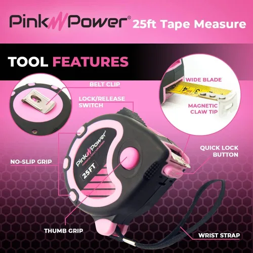 Miniatura 3 de Pink Power Cinta métrica rosa de 25 pies, cinta métrica para mujer, kit de herramientas con hoja retráctil y botón de bloqueo, kit de medición