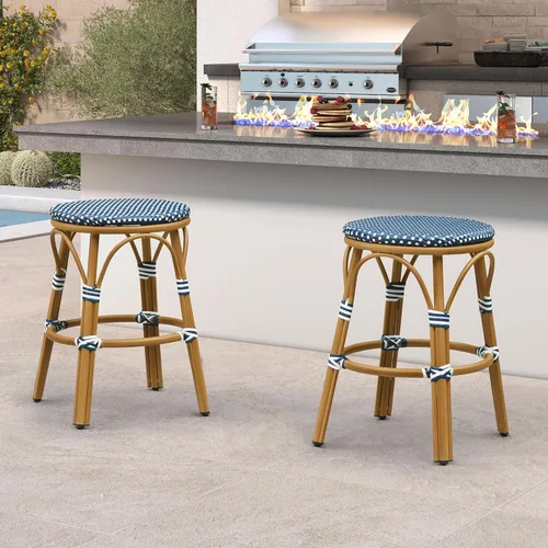 Miniatura 12 de PURPLE LEAF - Juego de 2 taburetes de bar franceses con acabado de bambú impreso, taburetes de bar de ratán para patio con respaldo, sillas de bar