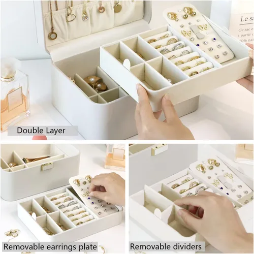 Miniatura 6 de KAMIER Organizador de joyas caja organizadora de joyas de 2 capas para aretes pulseras anillos collares cuero de lujo y forro de terciopelo suave