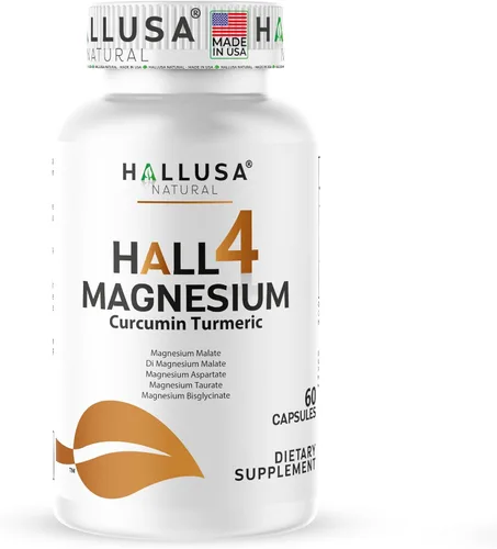 HALL4 Magnesio 60 cápsulas – 4 complejos de magnesio malato, aspartato, taurato, bisglicinato y curcumina cúrcuma – energía, función muscular, salud