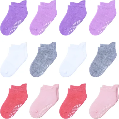 Miniatura 19 de 12 paquetes de calcetines antideslizantes para niños y bebés con agarres, 1-7 años, calcetines de algodón para tobillo para niños y niñas