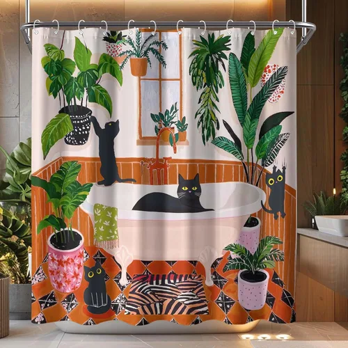 Divertida cortina de ducha con diseño de gatos negros, estilo bohemio, bonita, divertida, para baño, gatito, verde, hojas tropicales, beige, marrón,