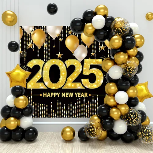 Miniatura 9 de Suministros para fiesta de Año Nuevo 2025, decoraciones de Año Nuevo, globos de confeti negro y dorado, kit de arco de guirnalda de globos de feliz