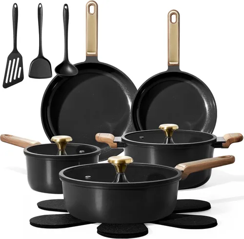 CAROTE Juego de utensilios de cocina de cerámica antiadherente, 16 ollas y sartenes antiadherentes, no tóxico y sin PFAS, lavavajillas, juego de