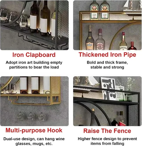 Miniatura 3 de Floating Wine Rack with Glass Holder and Heart Shaped Shelves Gold Wine Display Stand for Living Room or Wine Cellar Holds Liquor Bottles and Wine