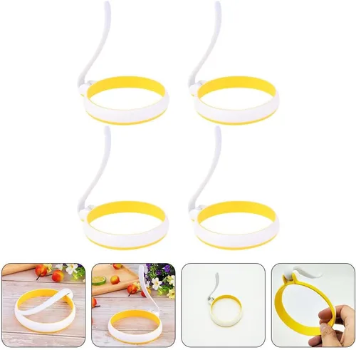 Miniatura 8 de PRETYZOOM 4 anillos de silicona antiadherentes para huevos, moldes redondos de tortilla de 5 pulgadas con asas para cocinar fácilmente en la plancha