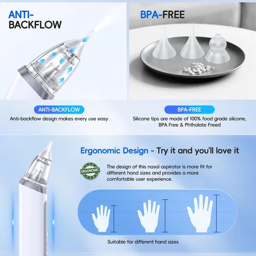 Miniatura 9 de Aspirador Nasal para Bebé, Succionador Nasal Eléctrico para Bebé y Niños Pequeños, Alivio de Congestión con 3 Niveles de Succión, Luz Relajante