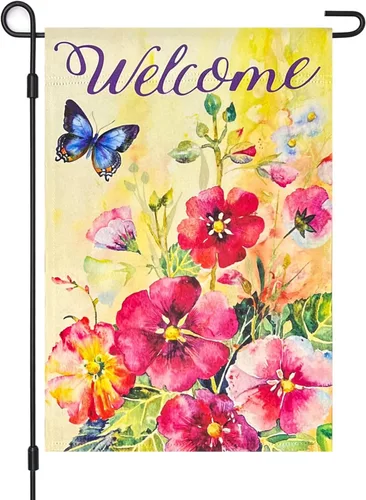 Bandera de jardín con flores de mariposa, opaca de doble cara de 12 x 18 pulgadas, banderas verticales de bienvenida para todas las estaciones,
