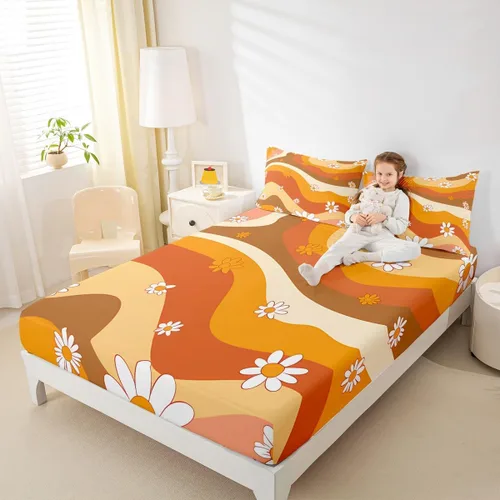 Miniatura 6 de Juego de sábanas bajeras retro de flores hippie para niños y niñas, juego de ropa de cama con estampado de flores, tamaño individual, juego