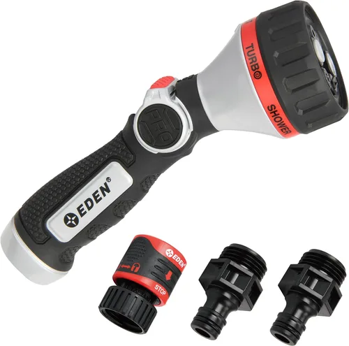 Eden 94824 Boquilla rociadora de manguera de jardín con control de pulgar de metal resistente, 6 patrones, rociador de alta presión con conector