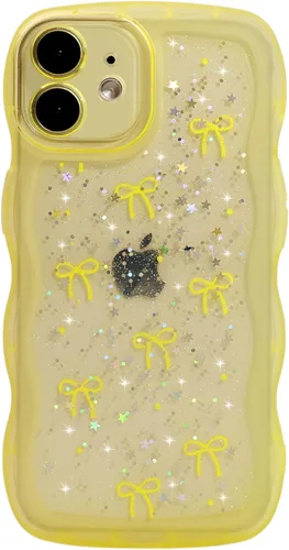 Miniatura 50 de Qokey Funda para iPhone 12 Pro Max de 6.7 pulgadas, diseño de onda rizada, borde transparente, brillante con purpurina, estrella brillante, bonita