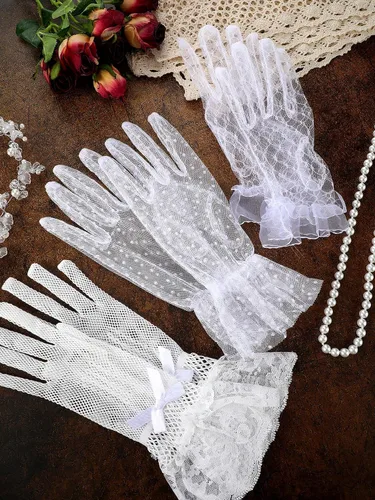 Miniatura 7 de 3 pares de guantes de encaje para mujer, elegantes guantes cortos hasta la muñeca, guantes florales para cena, boda, fiesta de té