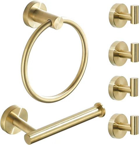 Miniatura 10 de Soporte para papel higiénico, anillo de toalla de baño dorado cepillado, soporte para toallas de mano, accesorios de baño, montaje en pared, acero