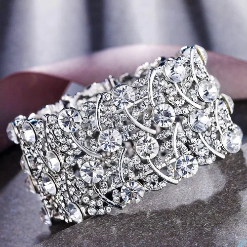 Miniatura 4 de BriLove Pulsera elástica de tenis con racimo de cristal nupcial para boda para mujer
