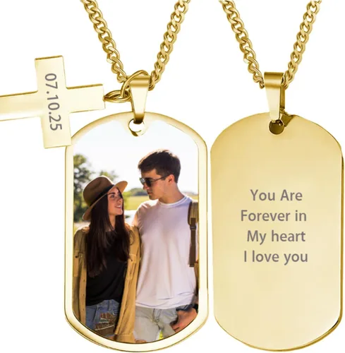 CALLIE Collar personalizado con placa de identificación de cruz con foto para hombres, collares con colgante de acero inoxidable personalizado con