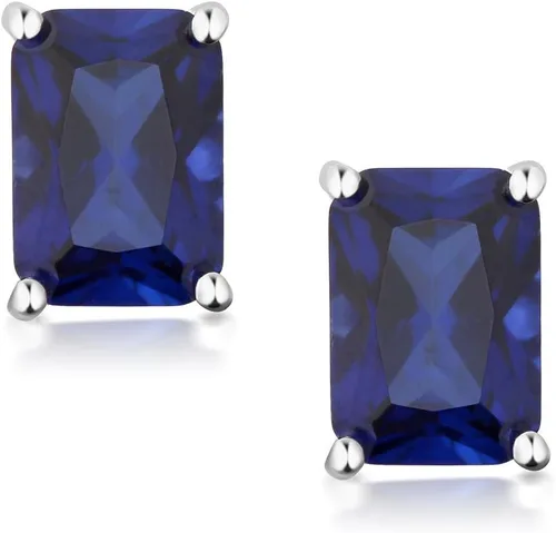 Miniatura 3 de Gem Stone King Aretes de tuerca de zafiro azul simulado de 2.00 quilates para mujeres y hombres, plata de ley 925, corte esmeralda de 0.276 x 0.197