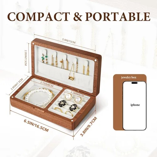 Miniatura 2 de LadyRosian Joyero pequeño de madera Mini joyero de viaje de madera, organizador portátil para anillos, aretes, collares y pulseras, almacenamiento