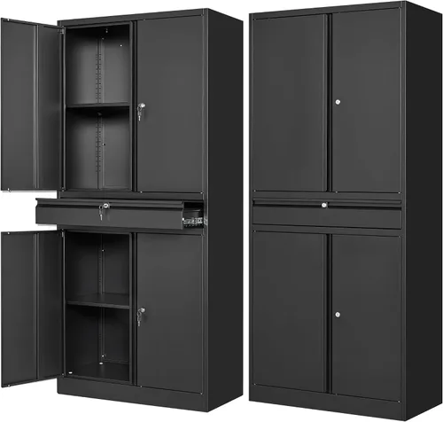 Letaya - Armario de almacenamiento de metal con cajón, armario de herramientas de 4 puertas con cerradura, 2 estantes ajustables para garaje, hogar,