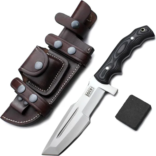 Miniatura 12 de GCS - Cuchillo de caza de acero D2 hecho a mano G10, mango fijo, cuchillo de hoja fija, mano derecha, funda de cuero de búfalo y piedra de afilar