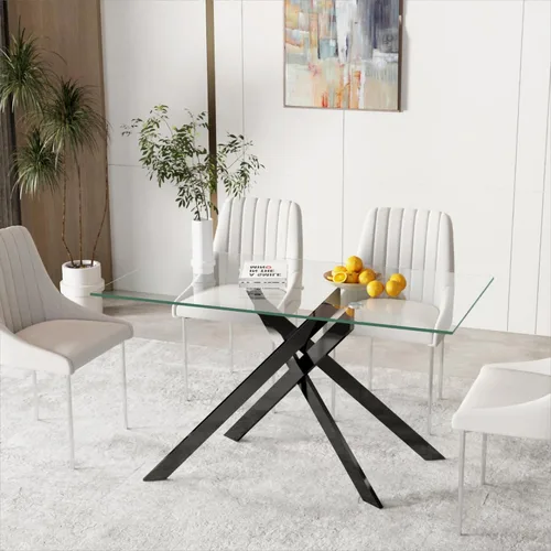 Miniatura 10 de Mesa de comedor rectangular de 51.18" de vidrio templado, mesa de cocina con patas de metal, elegante y robusta mesa de cena para el hogar y la cena
