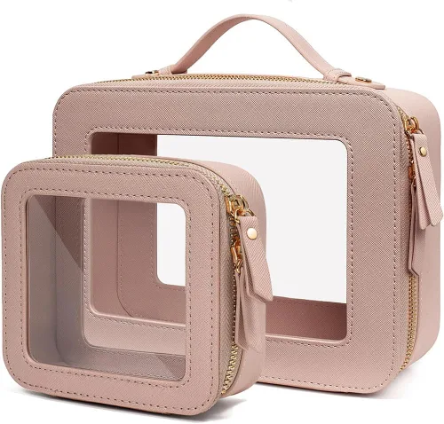 Miniatura 9 de Bolsa de maquillaje transparente pequeña, aprobada por la TSA, bolsa de aseo portátil con cremallera, bolsa de viaje para cosméticos, estuche Rosa