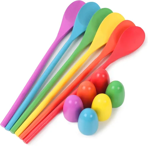 LovesTown Juego de 12 juegos de carreras de cucharas de huevo, juegos de relé de equilibrio de madera para niños, carnaval, fiesta de cumpleaños, al