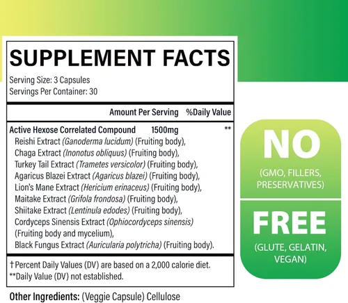 Miniatura 2 de Compuesto activo de hexosa correlacionada 1500 mg suplemento, suplemento natural de extracto de 8 hongos, sistema inmunológico, función hepática