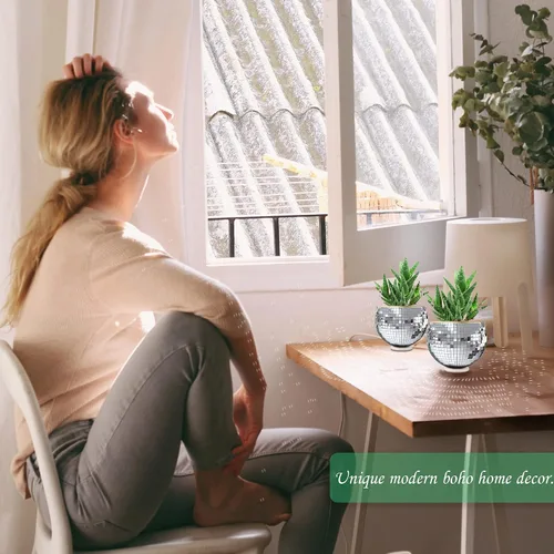 Miniatura 5 de moonoom 2 macetas colgantes de bola de discoteca – 4 pulgadas de color plateado con espejo de discoteca con cadena – Maceta colgante bohemia