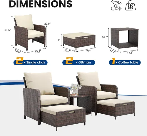 Miniatura 5 de UDPATIO Silla de mimbre para patio con otomana Hiddern para balcón, juego de conversación de patio de 5 piezas con mesa auxiliar para porche