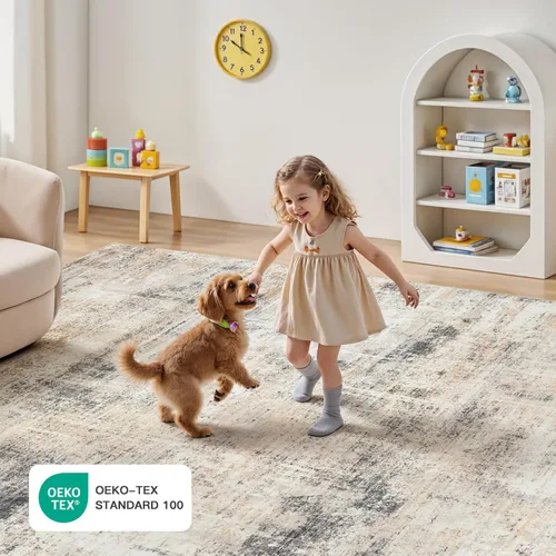 Miniatura 5 de Lofus Alfombra de área de 8 x 10 pies para sala de estar, alfombras grandes abstractas doradas con respaldo antideslizante, alfombra neutra moderna
