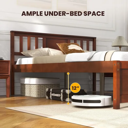 Miniatura 7 de Giantex Marco de cama de plataforma de madera maciza de tamaño matrimonial, marco de cama matrimonial de mediados de siglo con cabecero, soporte