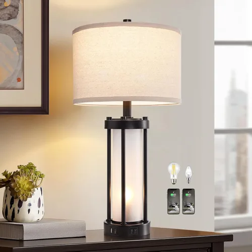Miniatura 2 de Lámparas de mesa modernas para sala de estar, lámparas industriales de mesita con 2 puertos USB, lámpara rústica de mesita con luz nocturna