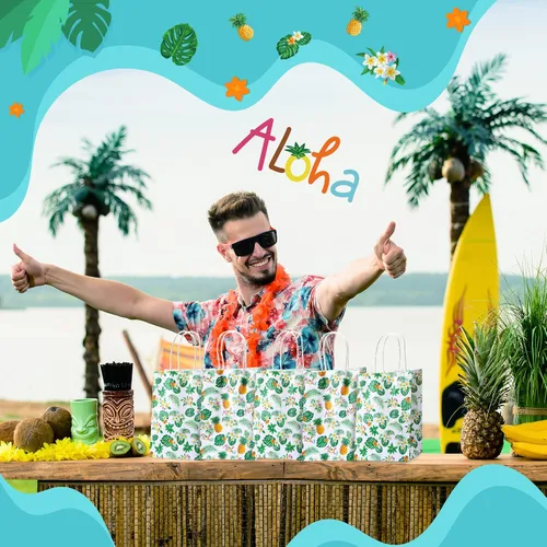 Miniatura 5 de Chivao Paquete de 24 bolsas hawaianas para recuerdos de fiesta, bolsas de regalo de papel de hoja de palma a granel con asa para Luau Summer