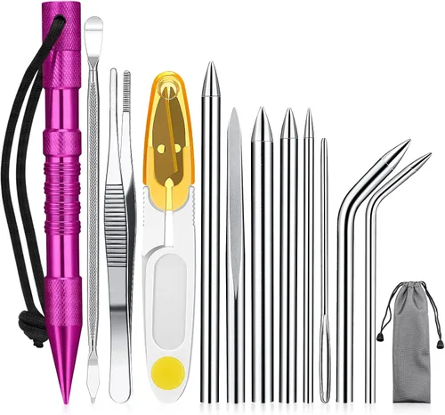 Miniatura 13 de Ferraycle Juego de 12 piezas para anudar paracord de acero inoxidable, juego de pasador paracord, agujas para coser, lacer y alisar para trabajo