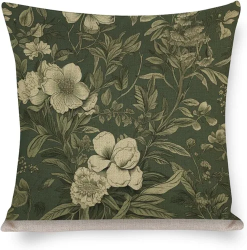 Funda de cojín de lino verde oliva botánico floral Toile para decoración del hogar al aire libre, almohada francesa vintage de 18 x 18 pulgadas,